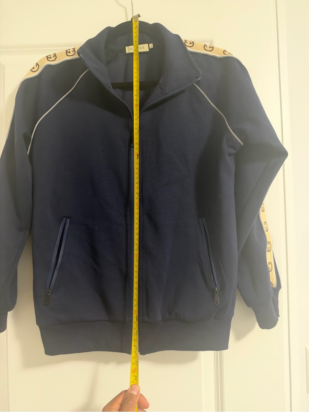 Gucci Navy Blue Zip-Front Bomber with Logo Tape